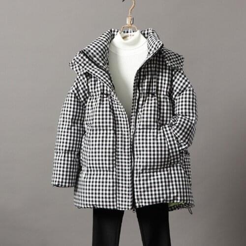 Fashion Plaid Loose Women Winter Coat Oversized Hooded Thick Warm Outwear Jacket Duck Down Filling Drawstring Female Parkas