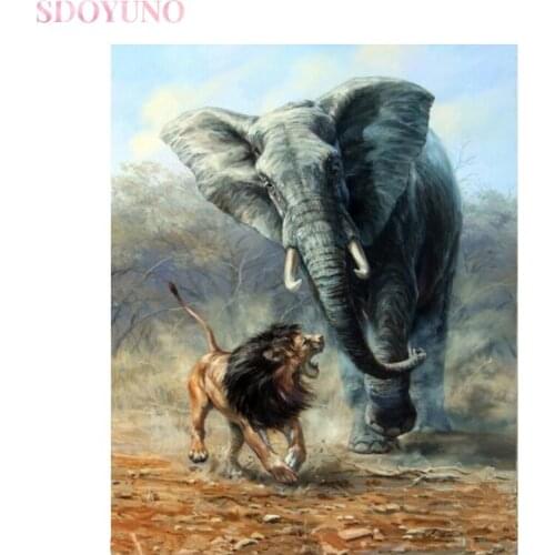 SDOYUNO DIY painting by number kit with frame for adults Elephant and lion fighting animals coloring by numbers art HandPainted