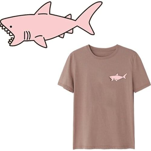 Pink Animal Patch Iron on Shark Patches for Clothing DIY T-shirt Applique Heat Transfer Stickers Stripe on Clothes Thermal Press