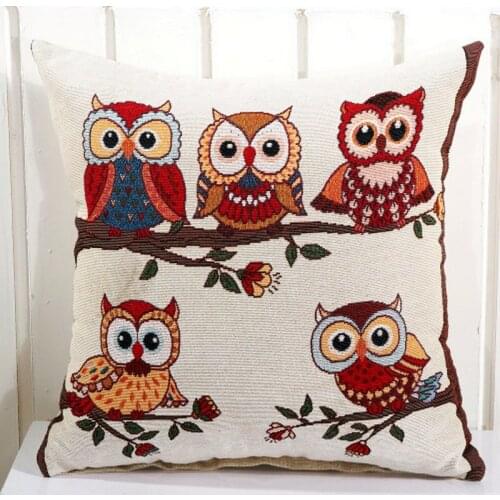 Embroidered Cute Owl Animals Pillow Case Cushions for Living Room Linen Cotton Printed Square Throw Pillow 45 x 45 Home Textile