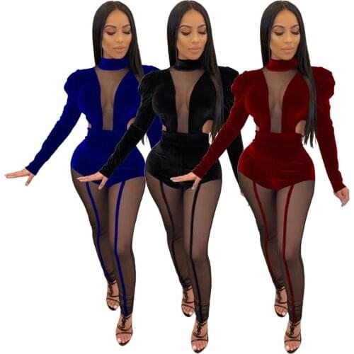 OKAYOASIS Sexy Women O-neck Long Sleeve Bodycon Velvet Party Jumpsuit Backless Elegant Mesh Club Jumpsuit Romper