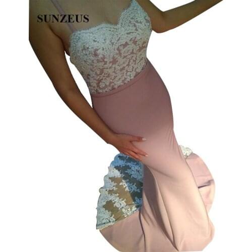 Mermaid Spaghetti Straps Sweetheart Bridesmaid Dresses Long Pink Party Gowns With Ivory Appliques Lace Wedding Guest Dress