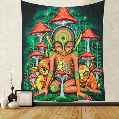Spiritual Mushroom Forest Green Magic Tapestry Decorates Mushroom Wall Home With Modern Style