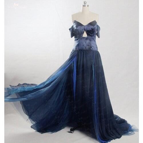 RSE867 Flowing Chiffon Open Legs Off Shoulder Blue Prom Dress