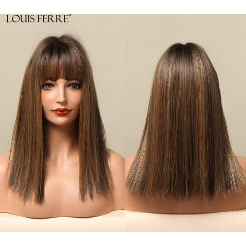 LOUIS FERRE Medium Length Straight Synthetic Wigs Brown Highlight Bob Wigs With Bangs Daily Cosplay Short Hair for Black Women