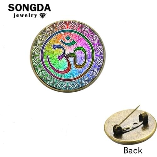 SONGDA OHM OM AUM Buddha Lotus Brooch 7 Chakra Colorful Mandala Flower of Life Photo Glass Gem Lapel Pin for Yoga Lover Buddhist