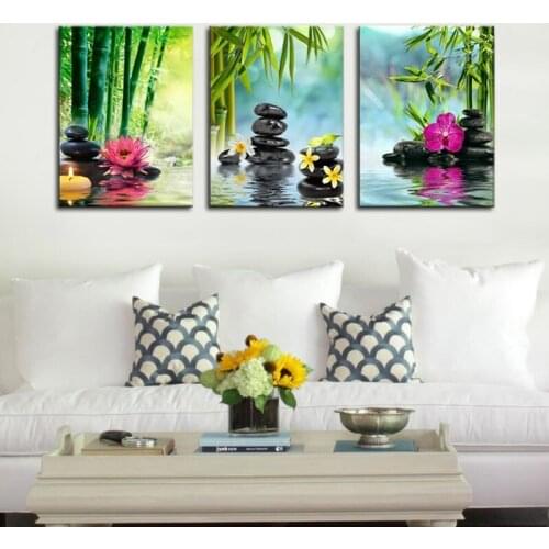 3 Panels Modern Zen Canvas Painting Wall Art Decor SPA Stone Green Bamboo Waterlily Pictures Prints Giclee Art for Home Office
