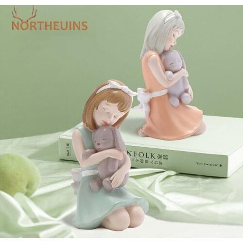 NORTHEUINS Resin Litter Girl hanging Dog Statues Nordic Creative Figurines for Interior Home Living Room Decoration Accessories