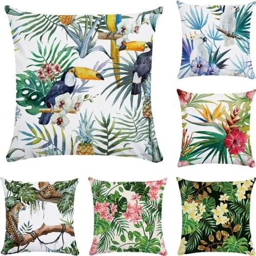 Tropical plants square shape pillow case cotton Polyester parrot cotton linen cushion cover for sofa home capa de almofada CR154