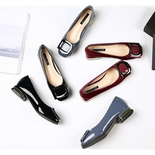 Metal decoration japanned leather shoes woman square buckle thick heels moccasins shallow tender flats large size femme loafers
