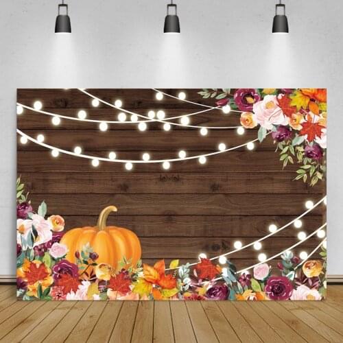 Vinyl Backdrops Autumn Flowers Pumpkin Light Bulb Wood Planks Photo Wall Child Baby Portrait Photo Background For Photo Studio