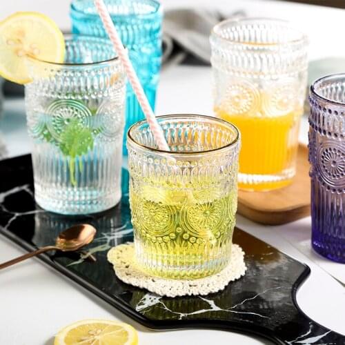 Vintage Embossed Ins Nordic Style Phnom Penh Glass Round Sunflower Water Cup Cold Drink Juice Cup