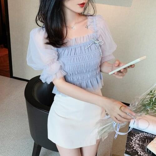 2021 Summer Korean Style Off Shoulder Chiffon Blouse Women Fashion Elegant Fairy Tops Ladies Blue Blouses Female