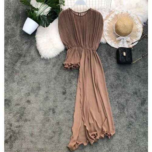 2021 Summer Pleated Round Neck Slim Chiffon Shirt Womens Casual Wild Sleeveless Shirt Solid Color Fashion Personality Y479