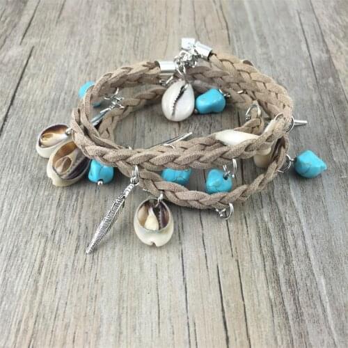 New Fashion Brown Leather stone shell Bracelets & Bangles Silver leaf Bracelets for Women Hot Sale Fashion Jewelry