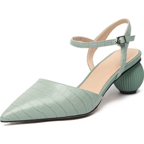 Genuine Leather Pointed Toe Pumps for Womens Medium Heel Slingback Ladies Shoes Real Cow Leather Shoes Woman Plus Size 33-40