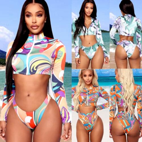 Women High Waist Bikini Set Push Up Swimsuit Bathing Suit Long Sleeve Swimwear