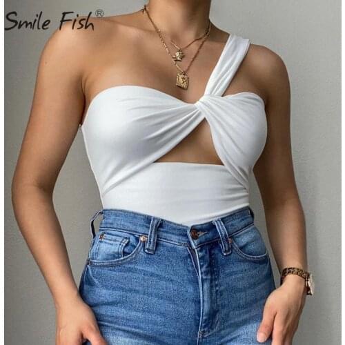 2021 Backless Cross Knot One Shoulder Crop Top Women Sexy Sleeveless Ruched Tank Top Summer Blue Short Tanks Camis Tube G2850