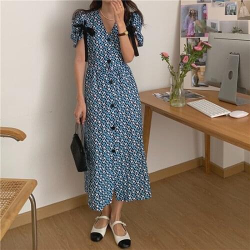 2021 New Women Blue Long Floral Shirt Dress Bow Sleeve Single Breasted V Neck Slim Fit Midi Sundress