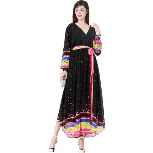 BianFeng Ramadan Kaftan Dubai Abaya Turkey Womens Colorful Dot Muslim Abaya Lantern Sleeve V-neck Chiffon Regular Fit Dress