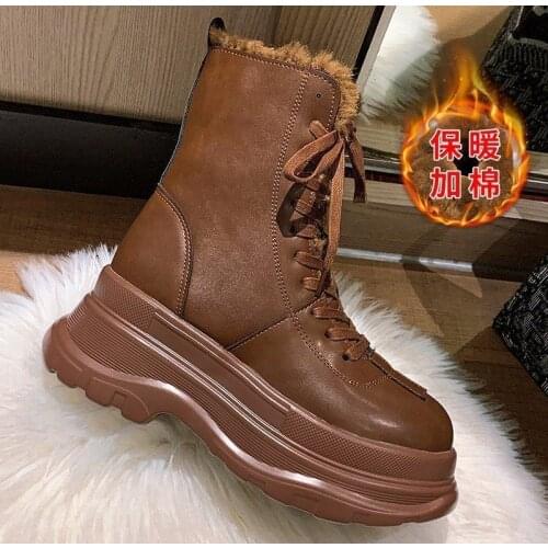 Winter Motorcycle Boots Women Warm Plush Snow Boot Genuine Leather Rubber Platform Lace Up Punk Military Ladies Shoe Botas Mujer