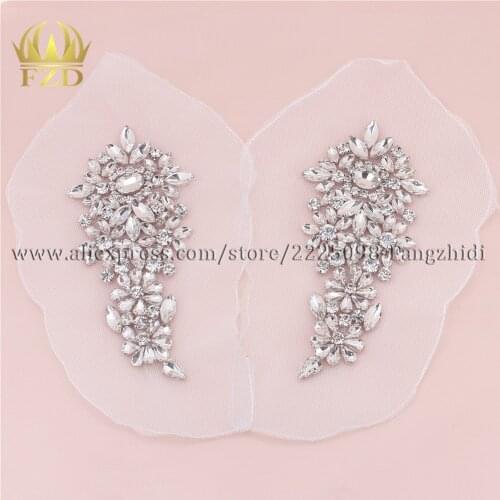 1 Pair Clear Rhinestones Sewing on Crystal Beaded Iron On Beaded Applique Rhinestone Trim for Wedding Bridal Dress ClothesFA-881