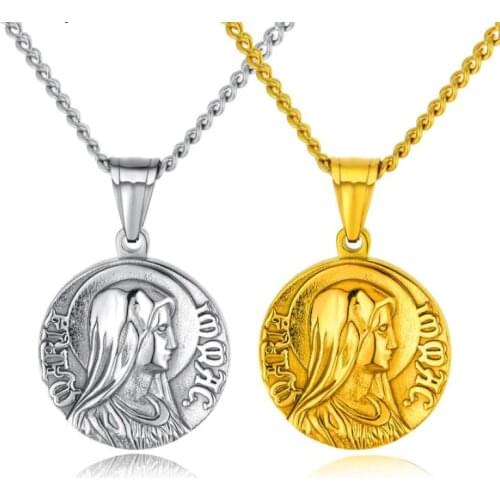 Megin D Stainless Steel Titanium Round Holy Virgin Mother of God Maria Pendant Collar Chains Necklace for Men Women Gift Jewelry