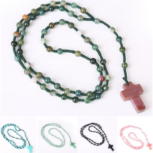 6mm Rosary Beads Cross Pendant Necklace Natural Stone Catholic Religious Crucifix Jesus Piece Christian Rosary Jewelry Prayer