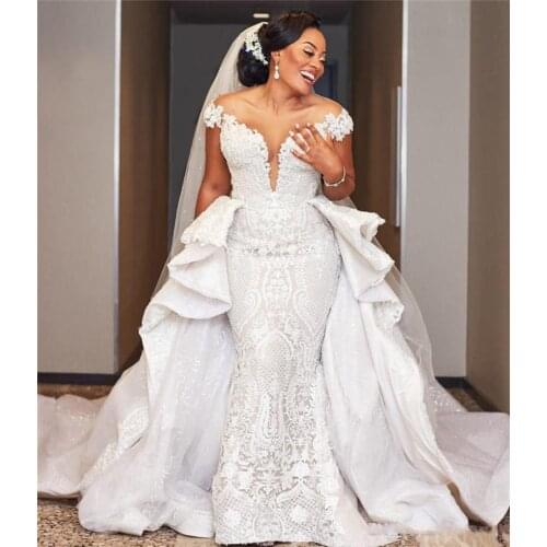Elegant Beaded Wedding Dresses With Detachable Train Off Shoulder Mermaid Bridal Gowns Applique Lace Wedding Dress