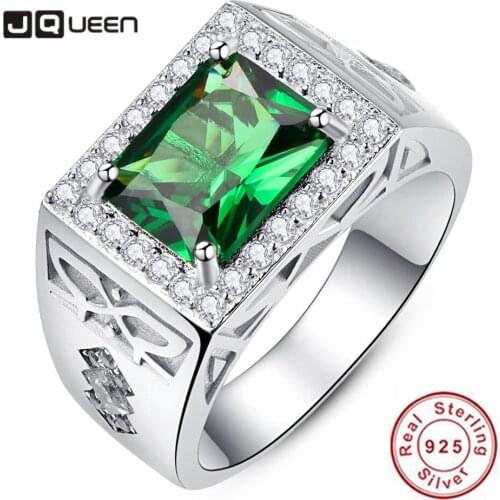 JQUEEN 925 Sterling Silver Mens Rings Square Green Zircon Pave Diamonds Mens Ring Emerald White Cubic Zirconia Wedding Ring