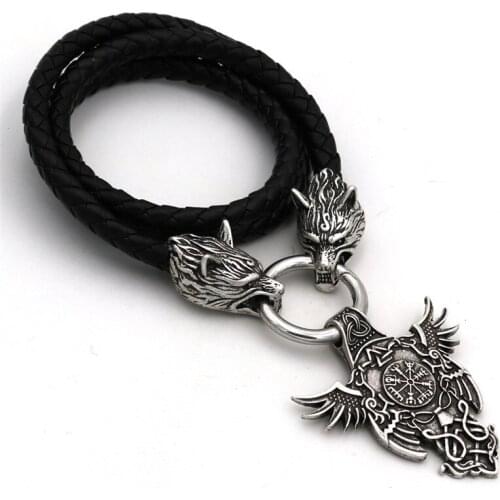 Viking Cross Rune Compass Pendant With Angle Wings Charm Wolf Head Chain Necklace Nordic Odin Celts Ethnic Jewelry Gift