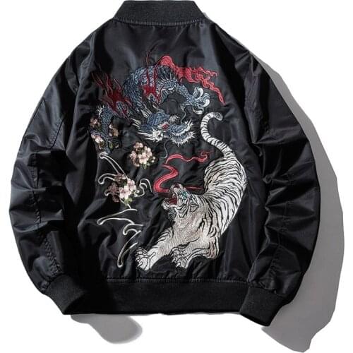Embroidery Mens Bomber Jacket Dragon Tiger Autumn Winter Pilot Jacket Men Hip Hop Japanese Baseball Youth Jacket Streetwear 2021
