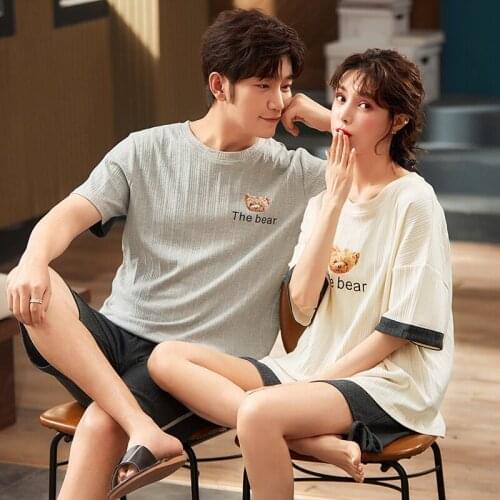 Summer Knitted Cotton Couple Pajamas Set Cartoon O-neck Short Sleeve Womens Sleepwear Loose Leisure Simple Gray Mens Homewear