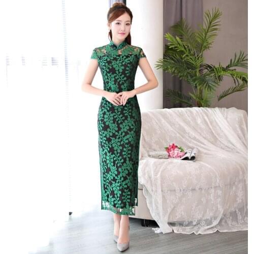 Fashion Slim Lace Cheongsam for Women Evening Qipao Short Sleeve Long Traditional Chinese Cheongsam Dress