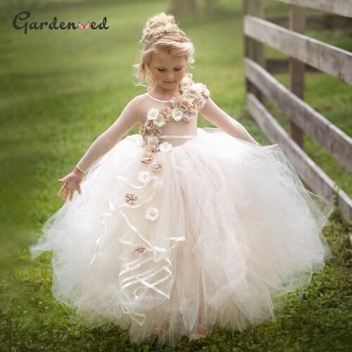 3D Flowers Puffy Flower Girl Dresses Long Sleeves Illusion Girl Birthday Dress Elegant Girl Wedding Party Dress 2020