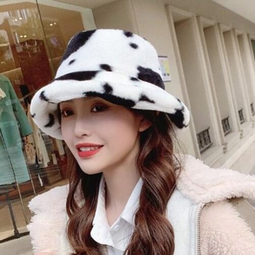 Cow Printed Plush Bucket Hat Women Soft Faux Fur Female Fisherman Cap Winter Warm Thick Outdoor Fluffy Panama For Ladies