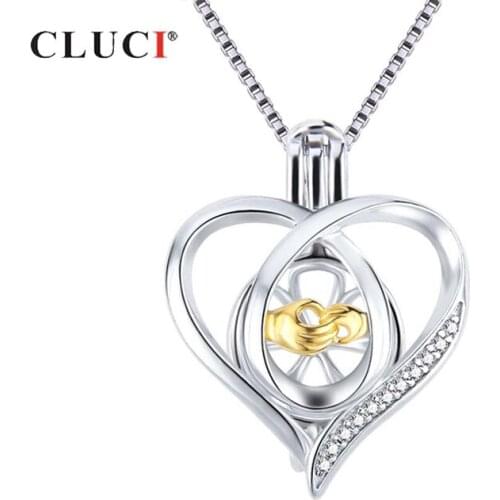 CLUCI Silver 925 Pendant Locket for Women Necklace Jewelry Making 925 Sterling Silver Heart Zircon Pearl Cage Pendant SC362SB