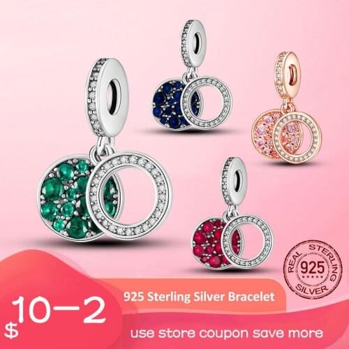 2021 New Hot Sale 925 Sterling Silver Green Disc Double Dangle Charm Pendant Fit Original Bracelet Necklace Silver 925 Jewelry