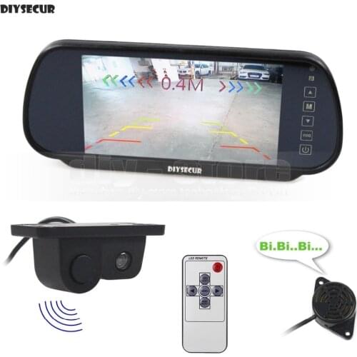 DIYSECUR Wired Parking System Waterproof Parking Radar Sensor Rear View Car Camera + 7 inch Car Mirror Monitor Rear View Monitor