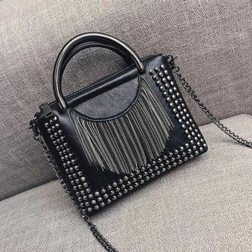 New Style PU Leather Handbag Ladies Shoulder Bag Female European Vintage Punk Small Square Bag Chain Rivet Bolso Mujer Black