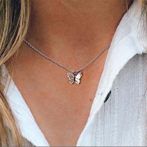 Boho Vintage Necklace Gold Silver Color Butterfly Pendant Necklace Women Simple Short Clavicle Chain Jewelry Gift