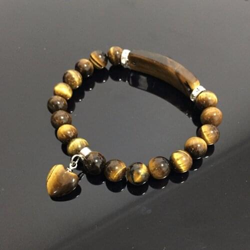Reiki Healing Natural Tiger Eye Stone Bracelets Women Men Rhinestone Heart Charm Real Stone Bracelets Jewelry Lover Couple Gifts