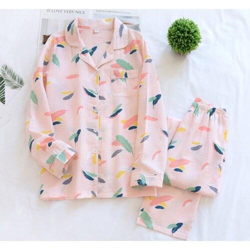 100% Cotton Womens Home Clothes Lovely Feather Printed Pajamas Home Suit Female Spring Gauze Sleepwear Set Plus Size Loungewear