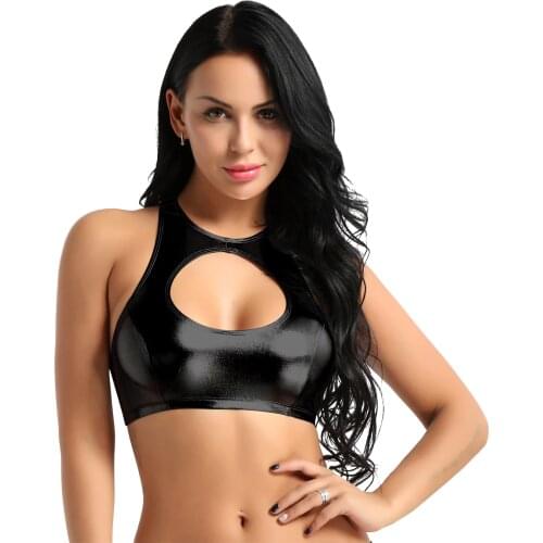 Women Shiny Faux Leather Sexy Pole Dance Crop Top Halter Neck Backless Nightclub Party Rave Costume Metallic Exotic Tank Top