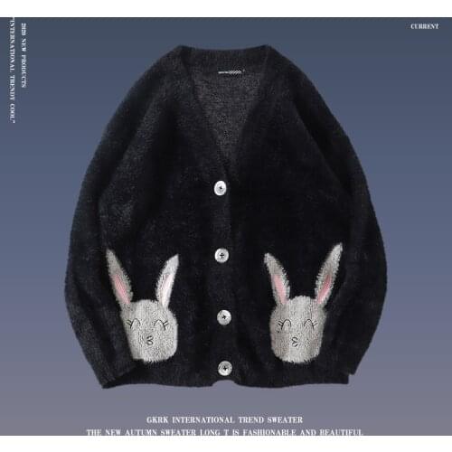 Autumn Winter Knitted Imitation mink Female Cardigan Loose Y2K Knit Sweater Coat Cute bunny Cartoon Print VNeck knitted cardigan