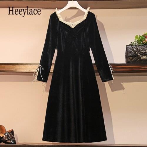 Plus Size Women Vintage Velvet Dress Autumn 2020 Ruffle Mesh Patchwork Square Collar Long Sleeve Black Party Dresses