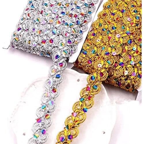 6 Yds Sequined Lace Appliqued S Wave Ribbons Belt Braided 3D Gold Flower Sewing Apparel Trim Handmade 2.7cm Wide