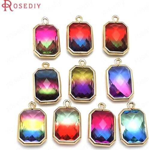 6PCS 19x12MM 24K Champagne Gold Color Brass and Glass Colorful Rainbow Style Rectangle Charms Pendants Diy Jewelry Accessories