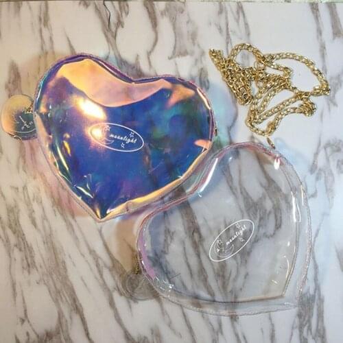 8PCS / LOT Transparent Laser Jelly Heartshape Handbag Shoulder Messenger Bag Clear Purse Women Clutch PVC Heart Bag