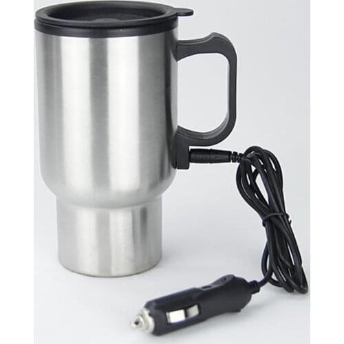12V Car Heated Mug 450ml Stainless Steel Travel Electric Cup Thermos Cup for Heating Water, Coffee, Milk with Lid, Auto Charger